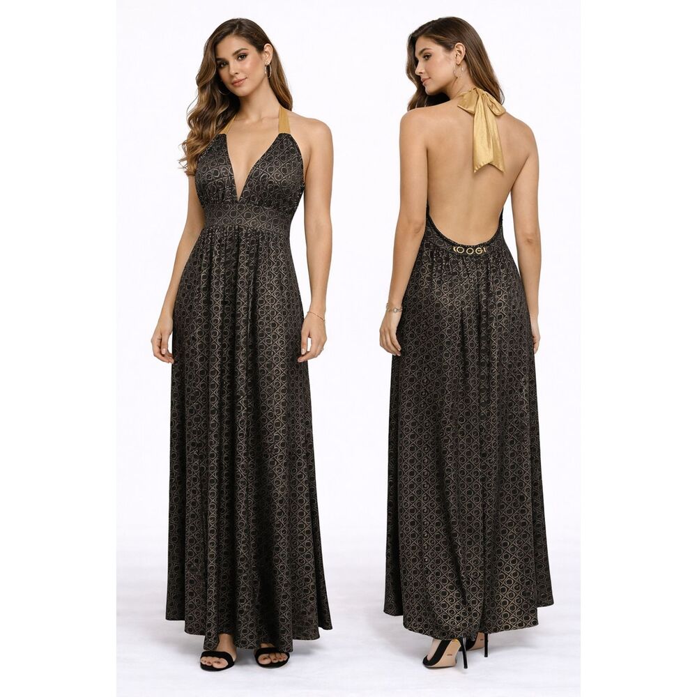 Coogi Black & Gold Halter Maxi Dress Size Large Logo Accent
